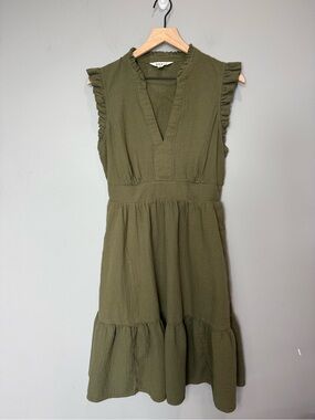 Boden‎ Wren Double Cloth Dress Olive Green Gauze Tiered Ruffle US 10L